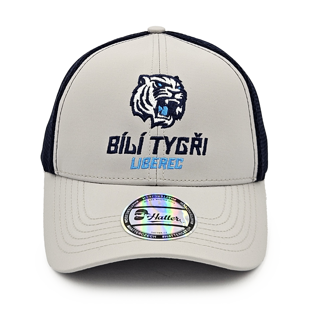 Kšiltovka šedomodrá s logem a nápisem